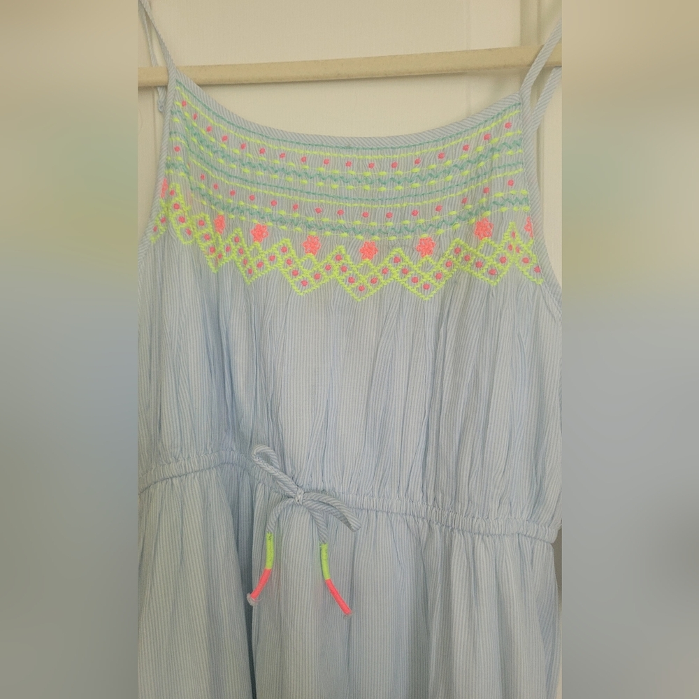 Cat & Jack Light Blue Chambrey Dress with Pink, Blue & Neon Yellow Embroidery